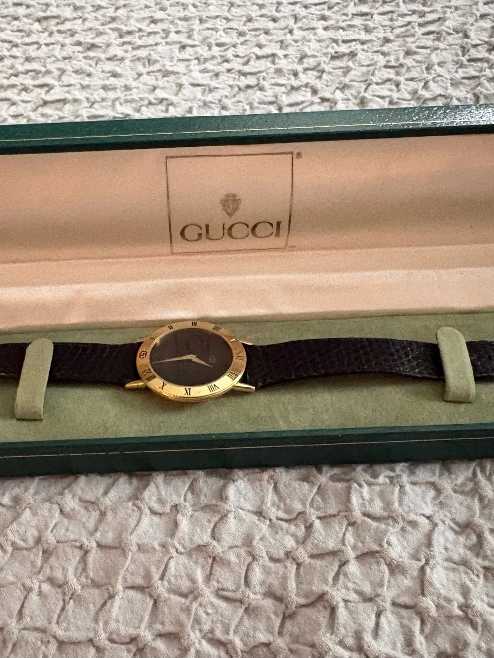 Vintage Gucci Gold-Tone Case Watch with Black Leather Strap